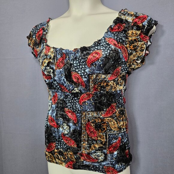 Vintage 90s Crushed Velvet Milkmaid Babydoll Top Size M Paisley Patchwork Boho - Picture 1 of 8